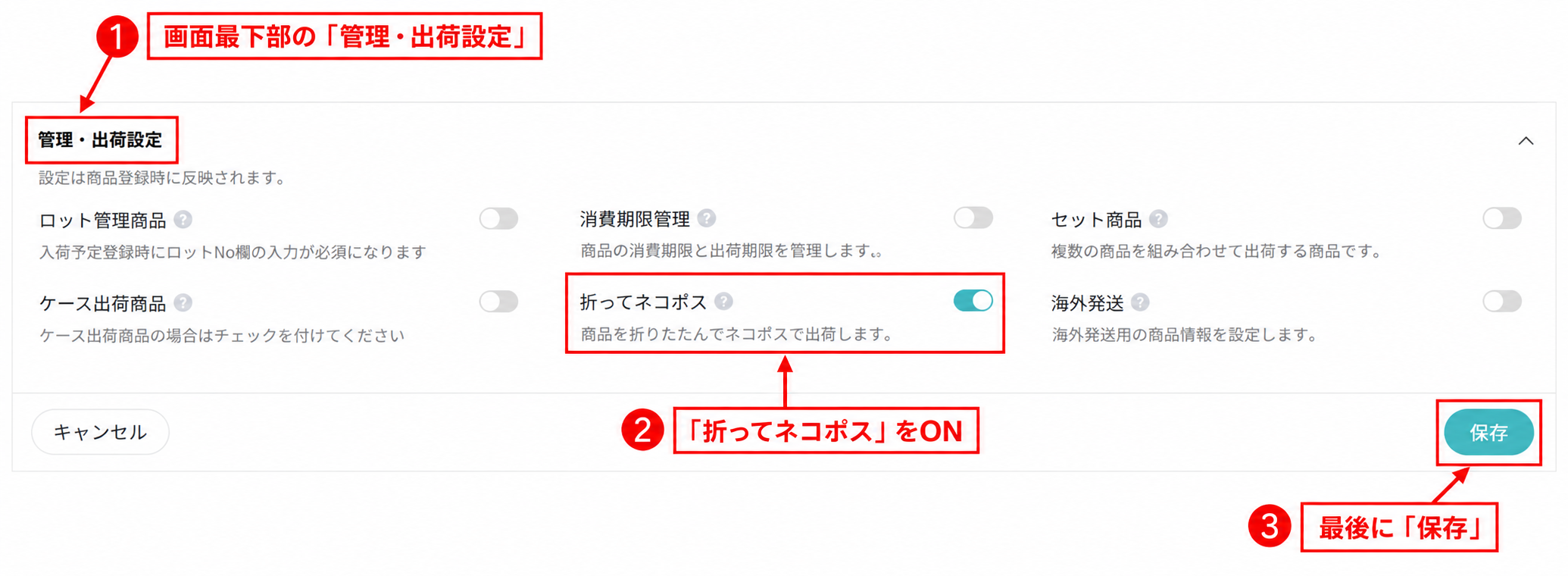 ①画面最下部の管理・出荷設定、②折ってネコポスをON、③最後に保存をクリック